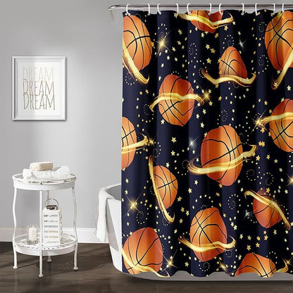 AILONEN Sports Basketball Shower Curtain for Bathroom, Space Planet Ball Print Bath Curtain,Yellow Star Basketball Kids Boys Bathroom Decor Waterproof 72" W*78" H Inch with 12 Plastic Hooks