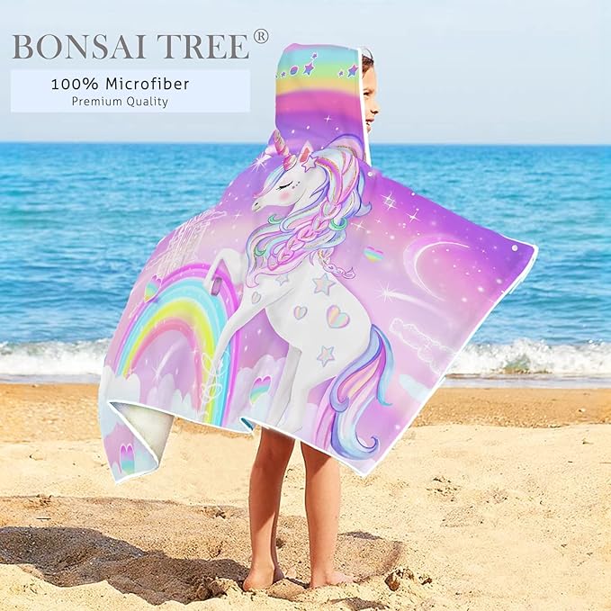Unicorn Beach Towel, Unicorn Towel for Girls with Hood, Rainbow Unicorn Hooded Towel for Kids 30" x 50", Cute Cartoon Microfiber Absorbent Soft Bath Towel Poncho Bathrobe for Swin Pool