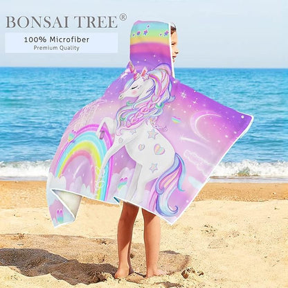 Unicorn Beach Towel, Unicorn Towel for Girls with Hood, Rainbow Unicorn Hooded Towel for Kids 30" x 50", Cute Cartoon Microfiber Absorbent Soft Bath Towel Poncho Bathrobe for Swin Pool