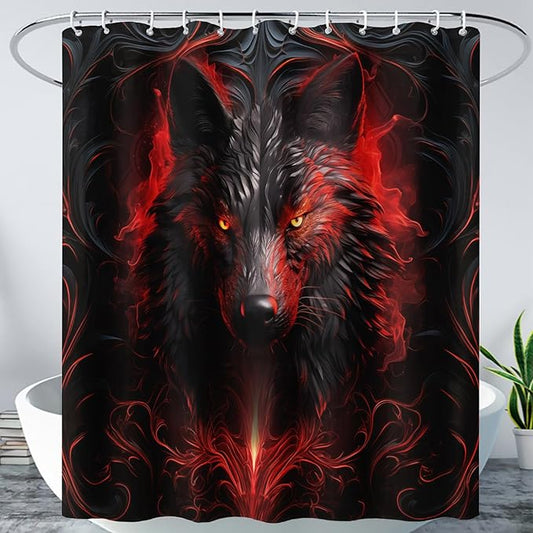 AILONEN 3D Black Wolf Shower Curtain Set,Fire Wolf Head Bathroom Curtain for Kids Girls Boys,Boho Style Shower Curtain,Wild Animal Shower Curtains for Bathroom Decor, 36" W*72" H