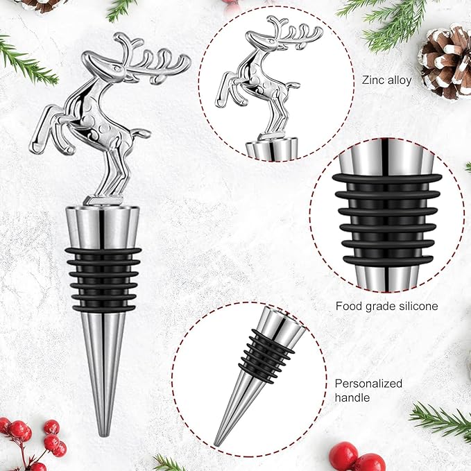 Christmas Wine Bottle Stoppers 5-Packs - Wine Saver Zinc Alloy Silicone, Reusable Leak Proof Keep Fresh Wine Corks, for Gifts, Bar, Holiday, Party, Wedding, Camping for Standard Bottle （Deer）