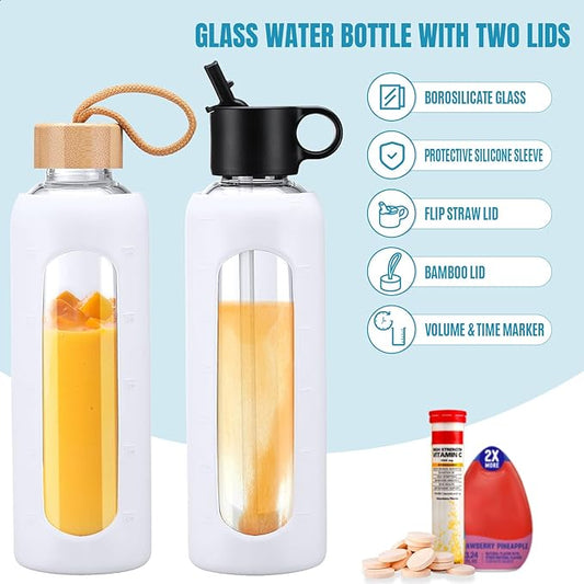 24oz Glass Water Bottle With 2 Lids-Flip Straw Lid, Bamboo Lid, Glass Water Bottle With Silicone Sleeve, Motivational Time Marker, Glass Juice Bottle for Cold Drink,White