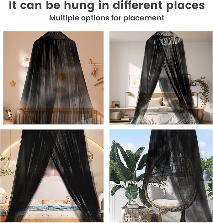 Mengersi Bed Canopy with Lights,Princess Bed Canopy Canopy Bed Curtains for Girls Room,Mosquito Netting Canopy Reading Corners Room Decor for Girls (Black)