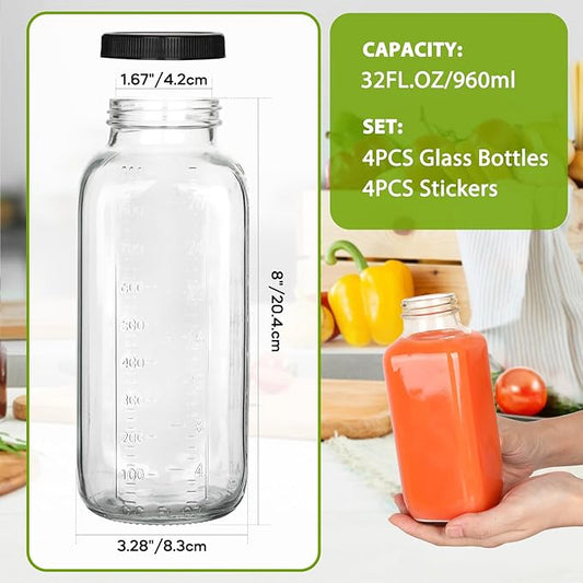 4Pack Juicing Bottles Reusable Glass 32oz,Reusable Square Glass Juice Bottles with Lids,Clear Empty Glass for Beverages, Jams, Kombucha, Milkshakes,Oils(32fl.oz,Set of 4)