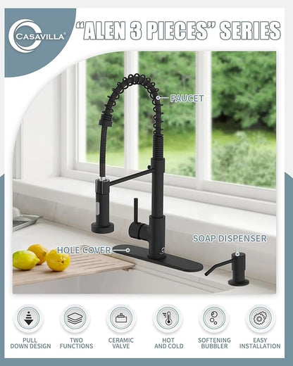 Kitchen Faucet Set, Black Kitchen Sink Faucets with Pull Down Sprayer and Soap Dispenser, Single Handle Stainless Steel Faucets for Kitchen Sinks, Farmhouse Kitchen Faucets with Deck Plate