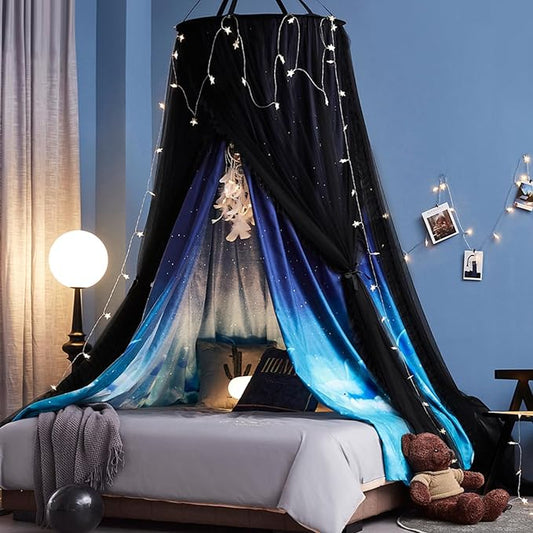 Kertnic Gorgeous Dolphin Printed Bed Canopy for Girls & Adults, Room Decorative Cozy Bed Curtain Canopy Drapes, Round Dome Luxurious Lace Princess Canopies Mosquito Netting (Dolphin)