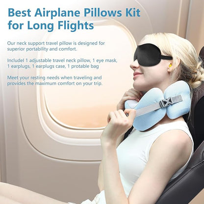 Neck Pillow Airplane, 100% Memory Foam Travel Pillow for Flight, Portable Adjustable Neck Pillow for Airplane, Car, Train, Bus, Removable and Washable Pillowcase, with Sleep mask and Earplugs