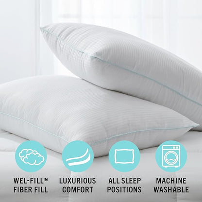 MARTHA STEWART Down Alternative Pillows Queen Size Set Of 2, Plush Cooling Pillow for Back, Stomach or Side Sleepers, Memory Foam-Like Fiber Fill, Dobby Stripe, 20" x 28", White
