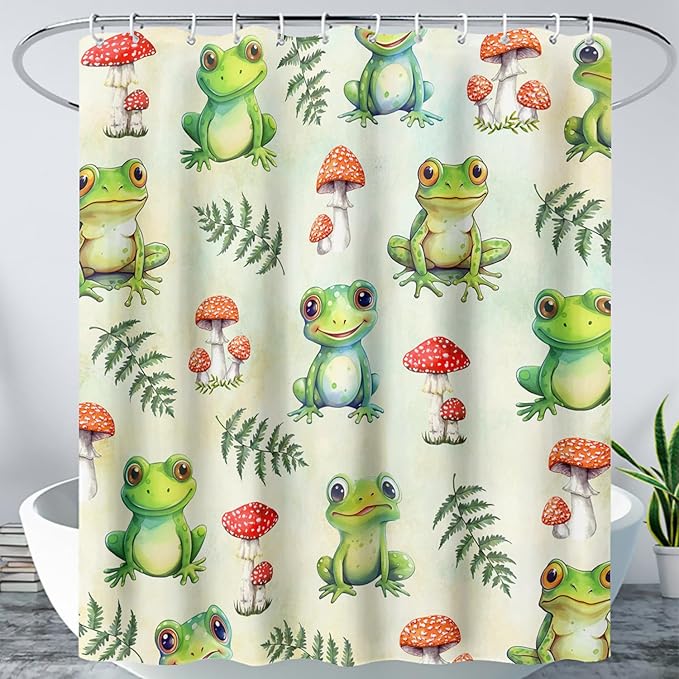 AILONEN Cute Frog Shower Curtain for Bathroom, Mushroom and Frog Bath Curtain,Amphibians Fungus Printed Waterproof Curtain with 12 Plastic Hooks,Green 48" W*72" H