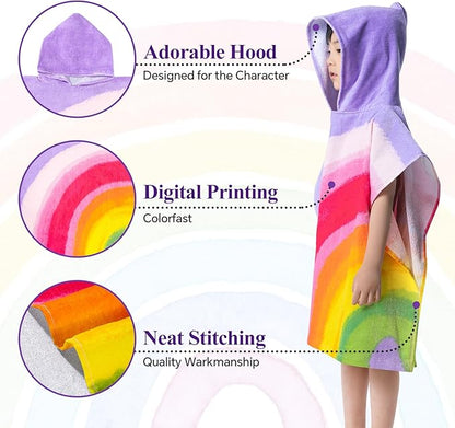 Rainbow Bath Beach Poncho Towel with Hood for Kids Boys and Girls for Shower, Pool, Swim,Beach, Super Soft 100% Cotton Towel