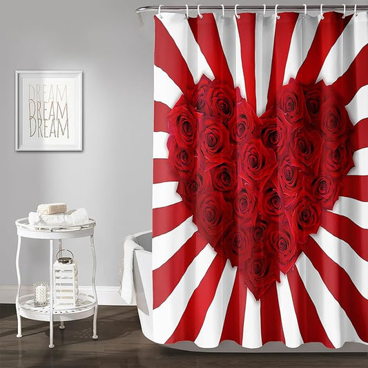 AILONEN Red Rose Hearts Print Shower Curtain for Bathroom, Romantic Flower Red and White Stripe Bathroom Decor 36" W*72" H Bath Curtain Polyester Waterproof Shower Curtain with 12 Hooks