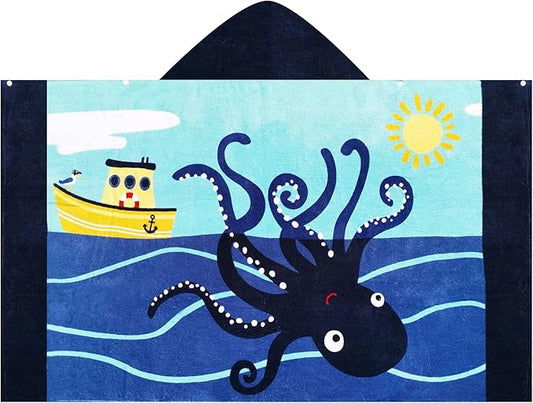 BANGSAUR Kids Hooded Beach Bath Towels, 100% Cotton 50"x30" Wrap Towel, Toddlers Boys 3-12 Years Coverup Towel Octopus