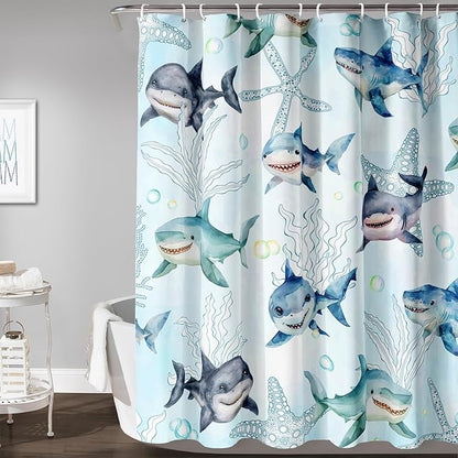 AILONEN Shark Shower Curtain for Bathroom, Cute Shark Bathroom Curtain,Blue Tie Dye Ocean Theme Bath Curtain 48" W*72" H Polyester Waterproof Children Boys Bathroom Curtain with 12 Hooks