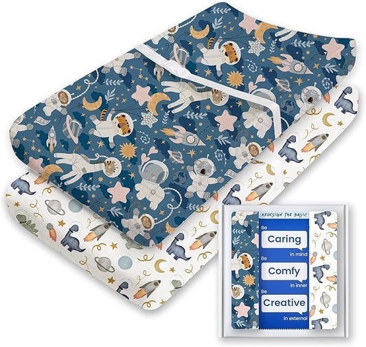 Changing Pad Cover for Girls Boys, TotBasic Premium Soft Boho Changing Table Covers, Stretchy Jersey Changing Table Sheets - Fits All Standard Changing Tables - 2 Pack (Dino Space)