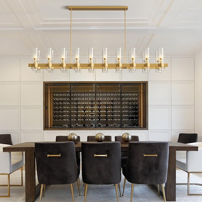 Brass Kitchen Island Lighting-20-Light Linear Chandelier, Adjustable 67.7'' Modern Farmhouse Rectangle Pendant Light Fixtures, Dining Room, Bedroom