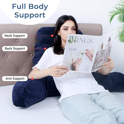 COOLBEBE Reading Pillow for Bed Backrest Pillow for Bed Sitting Up Adult with Arms Navy Back Support Pillow with Headrest & Pockets, Removable Washable Cover and Detachable Neck Roll(Extra Large 27")