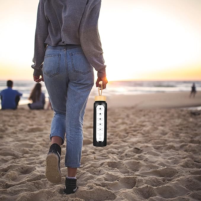 32 Oz Borosilicate Glass Water Bottle with Times to Drink | BPA Free - Reusable Wide Mouth Glass Motivational Water Bottles with Infuser & Silicone Sleeve (black)