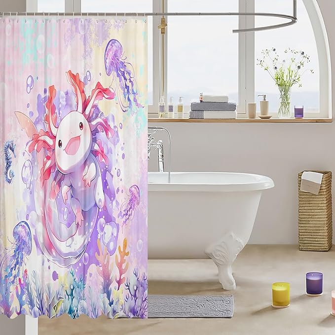 Feelyou Boys Girls Cute Axolotl Bathroom Shower Curtain Set Ocean Sealife Bath Curtain for Cartoon Salamander Shower Curtain Kids Kawaii Teens Bathroom Accessories Room Decor 72"x72"