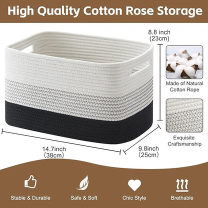 Cotton Rope Storage Basket, Woven Basket for Organizing, Rectangle Decorative Baskets for Shleves, Books, Toys, Towel Baskets for Bathroom - Pack of 3 (Gradient Dark)