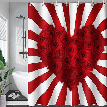 AILONEN Red Rose Hearts Print Shower Curtain for Bathroom, Romantic Flower Red and White Stripe Bathroom Decor 36" W*72" H Bath Curtain Polyester Waterproof Shower Curtain with 12 Hooks