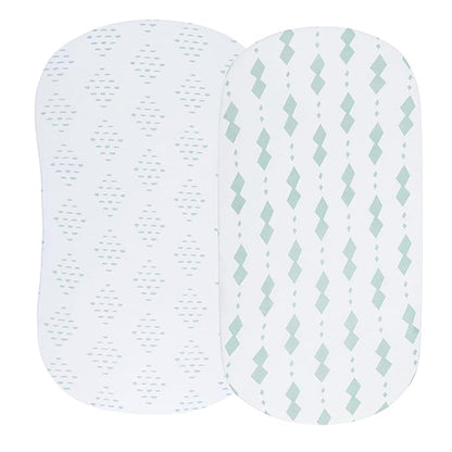 Bassinet Sheets Fitted Cover - Flexible Fit 100% Soft Jersey Knit Cotton - Neutral Grey Sage Diamond - 2 Pack Set