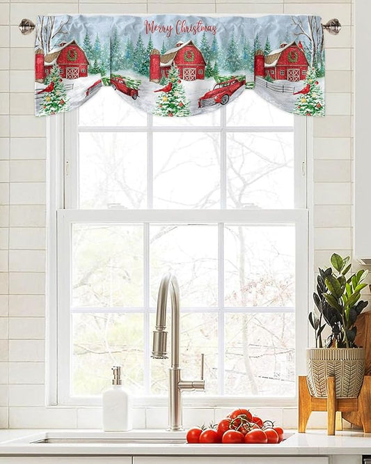 Red Truck Christmas Blackout Tie Up Valance Curtains for Kitchen Windows Merry Christmas Farmhouse Window Toppers Balloon Shades for Living Room/Bathroom/Bedroom,1 Panel, 54" X 18", Winter Xmas Tree