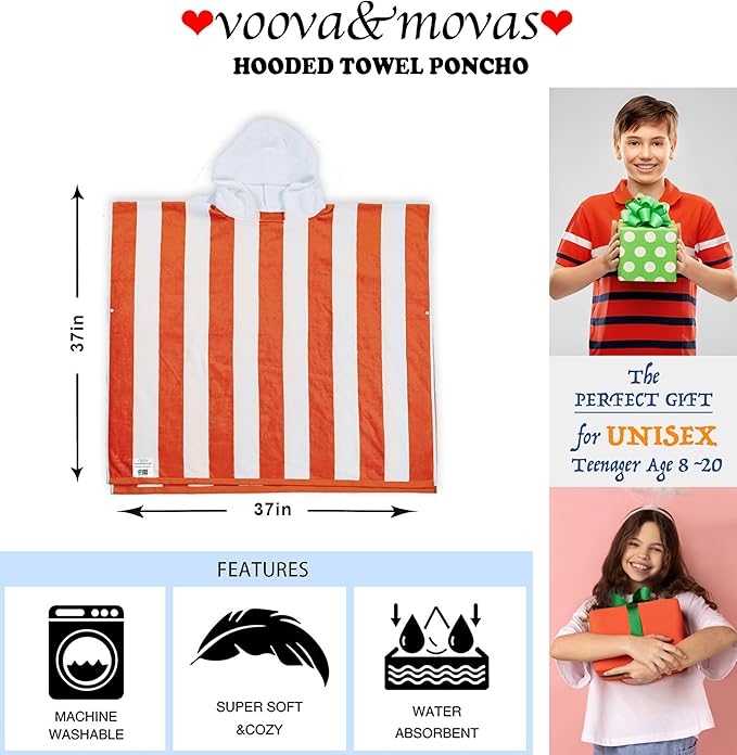 VOOVA & MOVAS Hooded Bath Towel for Big Kids | Large (8-16Years) Thick and Absorbent Cotton Poncho Towel Robe for Pool, Swim, and Bath - Red and White Cabana