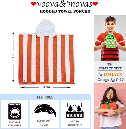VOOVA & MOVAS Hooded Bath Towel for Big Kids | Large (8-16Years) Thick and Absorbent Cotton Poncho Towel Robe for Pool, Swim, and Bath - Red and White Cabana