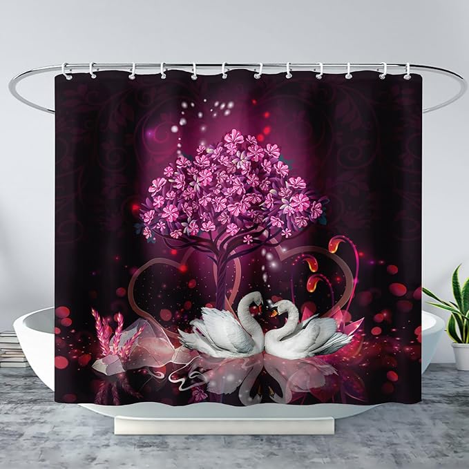 AILONEN Romantic Love Theme Shower Curtain for Girls Pink Love Tree Floral Valentine Bathroom Decor,Swan Couple Lover Bath Curtain 72" W*78" H Polyester Waterproof Bathroom Curtain with Hooks
