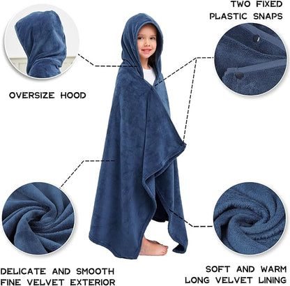 Hiturbo 2Pcs Kids Fleece Hooded Towel: Soft Plush Warm Blanket - 50"x30" Pool Beach Bath Swim Towel Wrap for 3-12 Yrs (Navy)