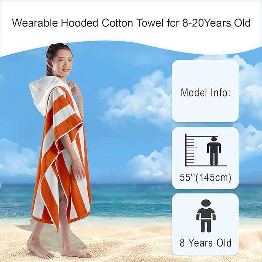 VOOVA & MOVAS Hooded Bath Towel for Big Kids | Large (8-16Years) Thick and Absorbent Cotton Poncho Towel Robe for Pool, Swim, and Bath - Red and White Cabana