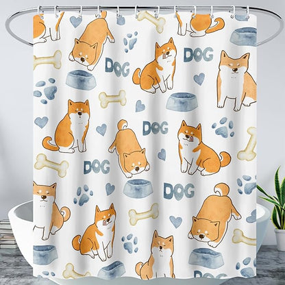 AILONEN Cute Dog Shower Curtain, Cartoon Shiba Inu Dog Bath Curtain,Pet Dog Paw Print Dog Lover Minimalist White Waterproof Curtain with 12 Plastic Hooks(36" W*72" H)