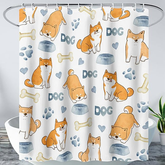 AILONEN Cute Dog Shower Curtain, Cartoon Shiba Inu Dog Bath Curtain,Pet Dog Paw Print Dog Lover Minimalist White Waterproof Curtain with 12 Plastic Hooks(36" W*72" H)