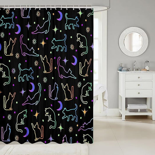 Manfei Cute Cats Silhouettes Kids Shower Curtains,Sun Moon Starry Sky Dots Trippy Bathroom Curtains for Girls Boys,Abstract Pets Animals Purple Cute Waterproof Curtains,12 Hooks Suits,72" W x 84" L