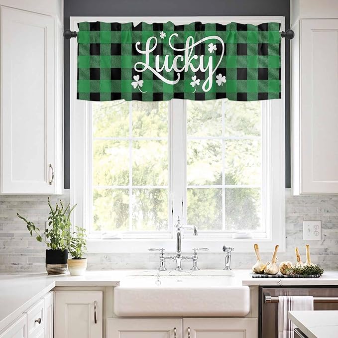 St. Patrick's Day Buffalo Plaid Kitchen Curtains and Valances Set, Lucky Shamrocks Clover Window Tiers Rustic Green Black Half/Short Curtains for Small Windows Cafe /Living Room/ Bedroom 54x 36 in
