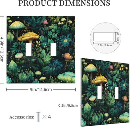 Green Dark Forest Mystical Mushroom Double Toggle Light Switch Covers 2 Gang Wall Plate Dual Decorative Switchplate Electrical Faceplate for Country Bathroom Bedroom Kitchen Decor