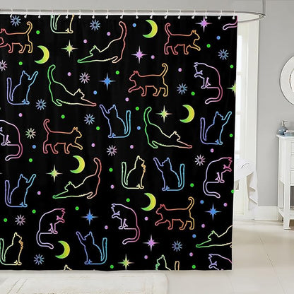 Cute Cat Silhouettes Kids Shower Curtains,Sun Moon Starry Sky Outer Space Bathroom Curtains for Girls Boys,Cute Pets Animals Watercolor Romantic Waterproof Curtains,12 Hooks Suits,72"W x 84"L