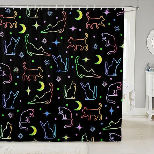 Cute Cat Silhouettes Kids Shower Curtains,Sun Moon Starry Sky Outer Space Bathroom Curtains for Girls Boys,Cute Pets Animals Watercolor Romantic Waterproof Curtains,12 Hooks Suits,72"W x 84"L