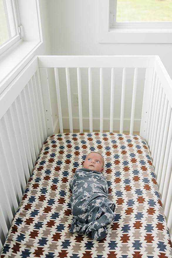 Western Aztec Muslin Crib Sheet by Mebie Baby, Soft and Breathable Bed Sheets for Babies, Modern Neutral Bedding for Cribs, Standard Crib Mattress Fitted Sheet, Great for Boy or Girl Room or Nursery