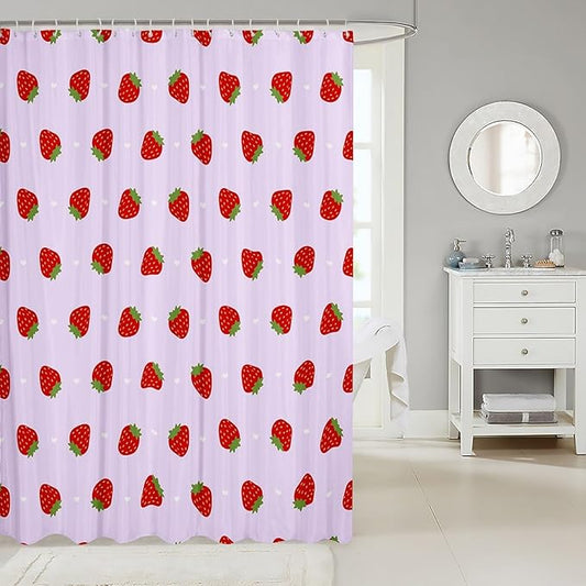 Feelyou Strawberry Fabric Shower Curtain Kawaii Fruit Shower Curtain for Kids Boys Girls Cute Bathroom Waterproof Accessories with 12 Hooks Kawaii Lovely Curtains,72x72 Inches
