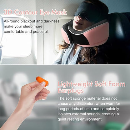 Travel Pillow,Upgraded 100% Memory Foam Neck Pillow for Traveling,Ergonomic Design Soft Best Flight Pillow,Neck Pillow Airplane Kit with 3D Contoured Eye Masks,Earplugs and Luxury Bag (Pink)