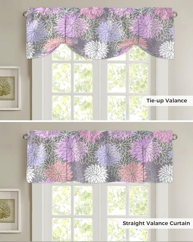 Tie Up Valance for Kitchen Living Room Farmhouse - Chrysanthemum Pink Purple Flower Rod Pocket Adjustable Tie-up Shade Valance for Small Window, Window Valance Balloon Drape for Bathroom 42x12 inches