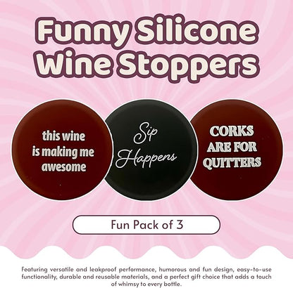 Funny Silicone Wine Stoppers - Leakproof Double Seal Design - Reusable Bottle Covers - Glass Bottle Toppers - Easy to Use Silicone Bottle Stopper for Wine, Champagne & More (Pack of 3)