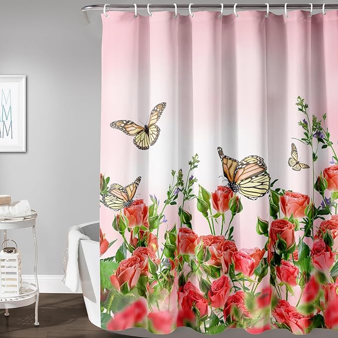 AILONEN Butterfly Shower Curtain for Bathroom, Red Flower Bath Curtain,Flying Butterfly Bathroom Curtain,Polyester Waterproof Bathroom Decor Curtain with 12 Plastic Hooks(48" W*72" H)