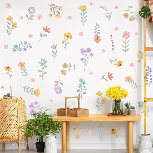 Boho Flower Wall Decals，Watercolor Flower Wall Art，Wildflower Wall Decals，Girls Bedroom Removable Wall Decals，Nursery Kids Room Decor Vinyl Murals DIY Cute Decorations (Wildflower Wall Stickers)
