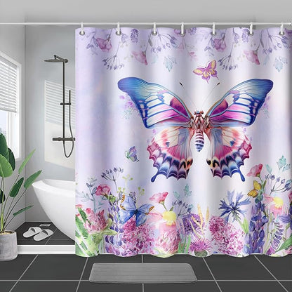 AILONEN Colorful Butterfly Shower Curtain for Girl Women,Purple Flower Beautiful Butterfly Printed Bath Curtain 48" W*72" H Polyester Fabric Waterproof Bathroom Bathtub Curtain with 12 Hooks
