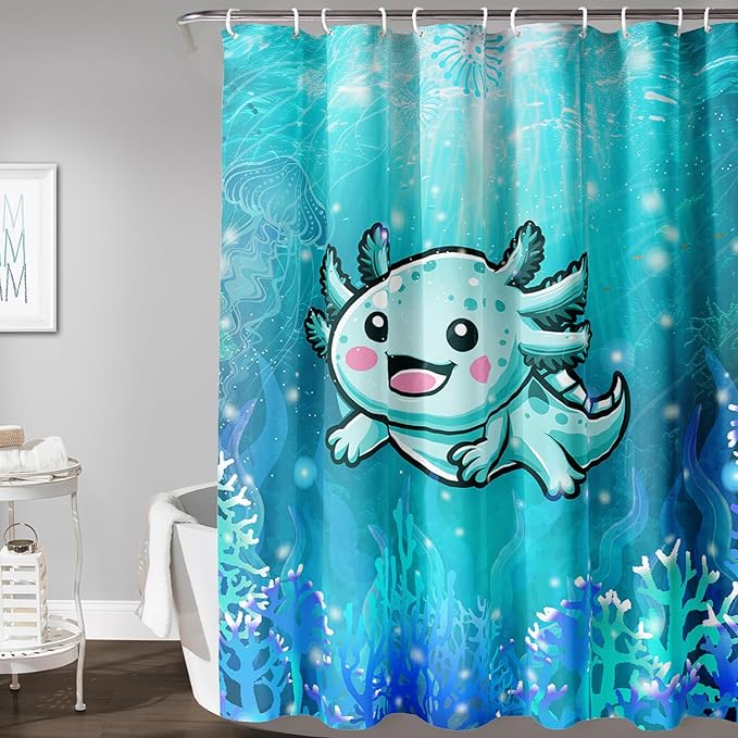 AILONEN Cute Axolotl Kids Shower Curtain for Bathroom,Blue Ocean Jellyfish Coral Print Bath Curtain 72" W*84" H,Girls Boys Kawaii Salamander Decorative Waterproof with 12 Plastic Hooks