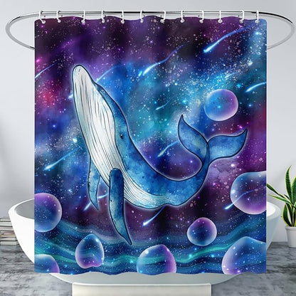 AILONEN Cartoon Blue Whale Shower Curtain,Swimming Whale Fabric Shower Curtains for Bathroom,Starry Night Bathroom Curtains for Kids Girls Boys,Fantasy Whale Bath Curtain Set, 60" W*72" H