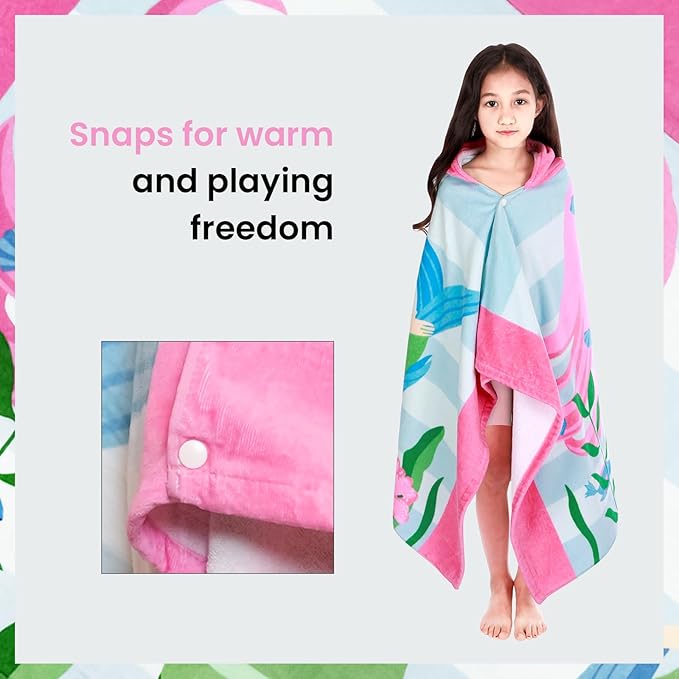 BANGSAUR Kids Hooded Beach Bath Towels, 100% Cotton 50x30 inches Towel Wrap, Toddlers Girls 3-12 Years Coverup Pink Hair Mermaid