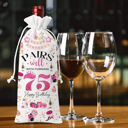 75th Birthday Gifts for Women Men Wine Bag, Birthday Gifts for 75 Year Old Man, Happy 75th Birthday Party Decorations Women for Men, Pairs Well with Turning 75 Wine Bags (White Pink)